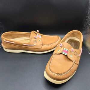 Sperry Top-Sider Womens 9.5M Tan Leather Boat Shoes Pink Green 9518713 Loafers